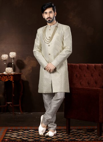 Off White color Embroidered Fancy Fabric Sherwani