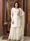 Off White color Embroidered Faux Georgette Palazzo Suit - 3