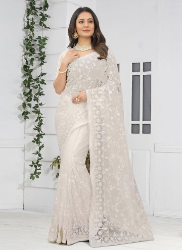 Off White color Embroidered Net Contemporary Saree