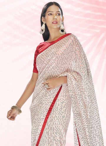 Off White color Georgette Contemporary Saree with Embroidered