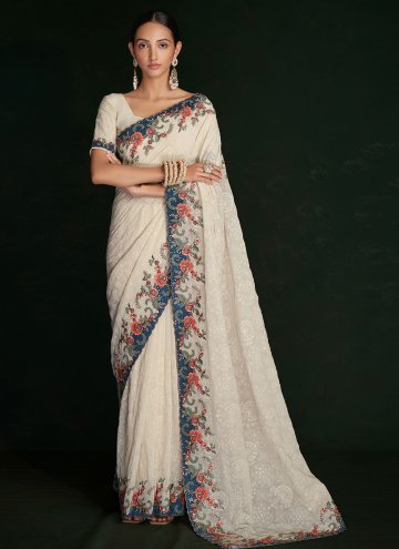 Off White color Georgette Contemporary Saree with Lucknowi Work