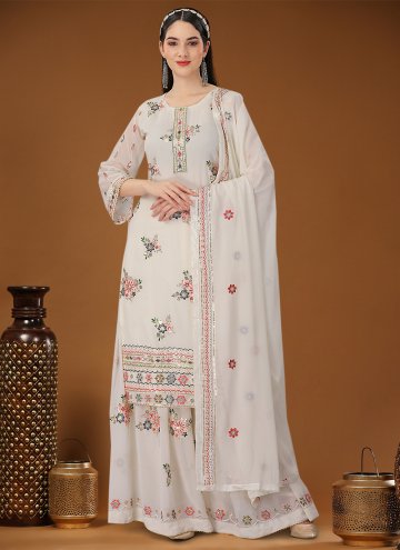 Off White color Georgette Palazzo Suit with Embroi