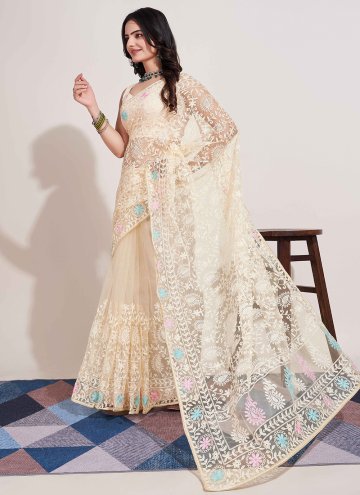 Off White color Net Designer Saree with Embroidered