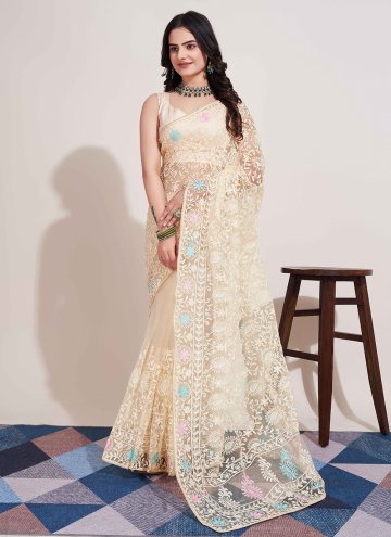 Off White color Net Designer Saree with Embroidere