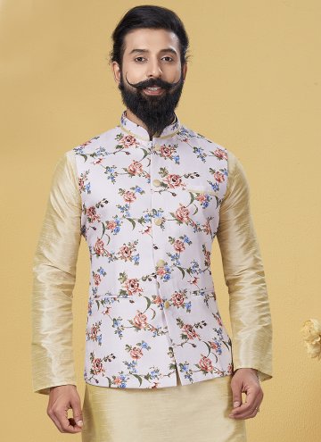Off White color Printed Cotton  Nehru Jackets