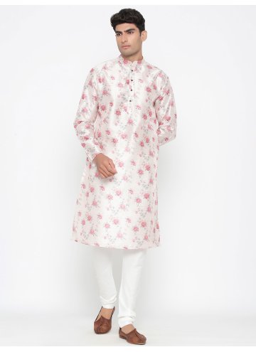 Off White color Printed Cotton Satin Kurta Pyjama
