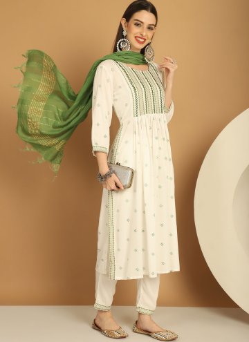 Off White color Rayon Trendy Salwar Suit with Embroidered