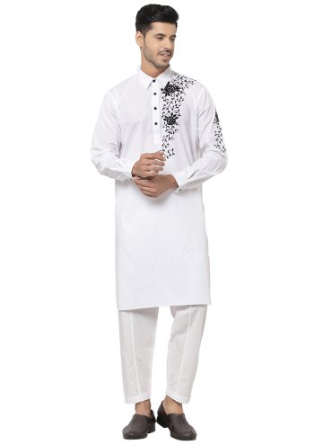 Off White Cotton  Embroidered Kurta Pyjama