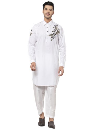 Off White Cotton  Embroidered Kurta Pyjama for Ceremonial
