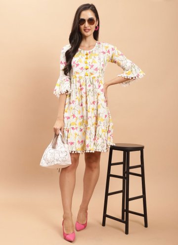 Off White Cotton  Printed Party Wear Kurti for Cas