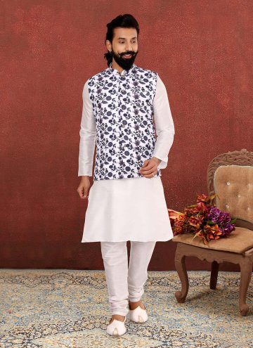 Off White Cotton Silk Printed Kurta Payjama With Jacket