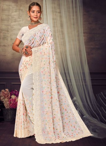 Off White Designer Saree in Georgette with Embroidered
