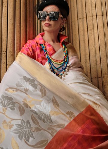 Off White Designer Saree in Handloom Silk with Woven