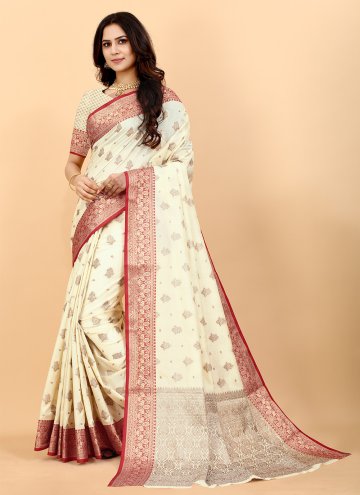 Off White Designer Traditional Saree in Silk with Woven