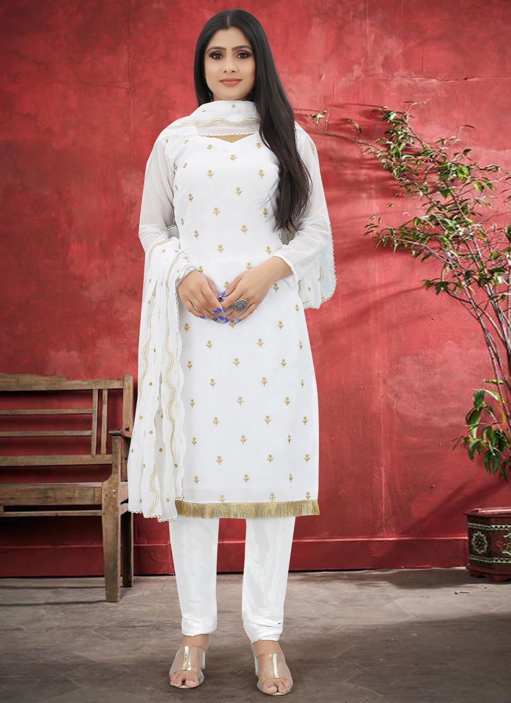 Off White Faux Georgette Embroidered Trendy Suit for Casual