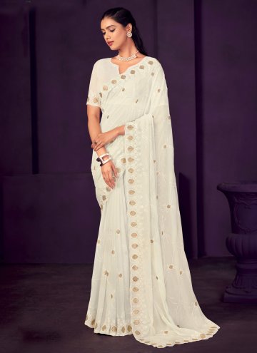 Off White Georgette Embroidered Trendy Saree for C