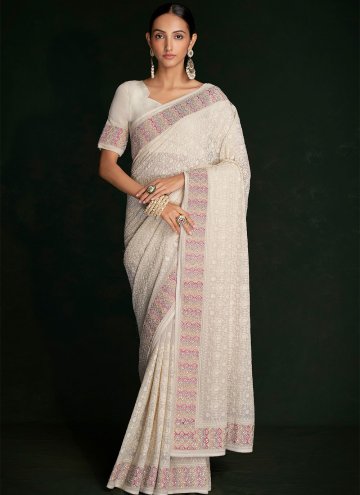 Off White Georgette Lucknowi Work Classic Designer Saree