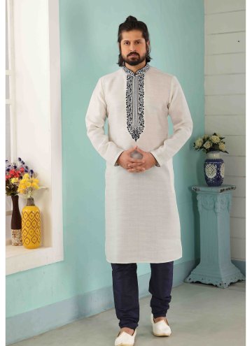Off White Kurta Pyjama in Art Banarasi Silk with E