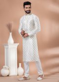 Off White Kurta Pyjama in Art Dupion Silk with Fancy work - 1