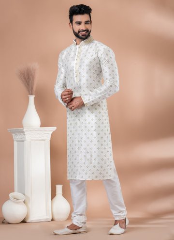 Off White Kurta Pyjama in Art Dupion Silk with Fancy work