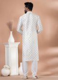 Off White Kurta Pyjama in Art Dupion Silk with Fancy work - 3