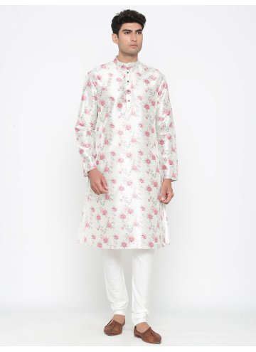 Off White Kurta Pyjama in Cotton Satin with Printed