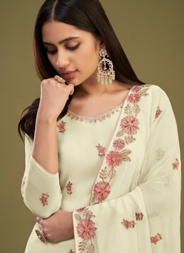 Off White Palazzo Suit in Georgette with Embroidered