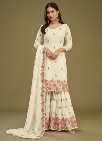 Off White Palazzo Suit in Georgette with Embroider