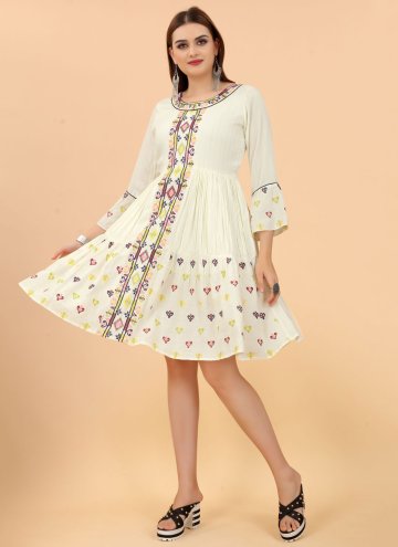 Off White Rayon Embroidered Casual Kurti for Festi