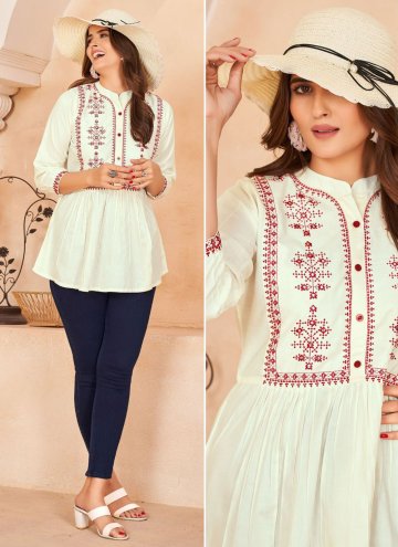Off White Rayon Embroidered Party Wear Kurti for C