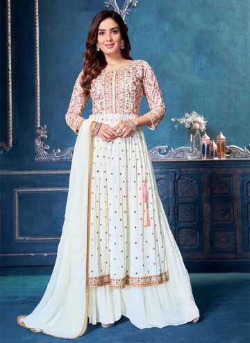 Off White Salwar Suit in Georgette with Embroidered