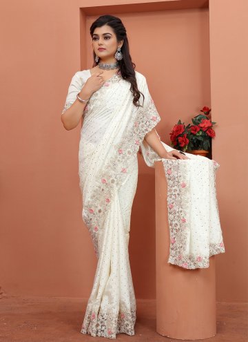 Off White Satin Silk Applique Contemporary Saree for Ceremonial