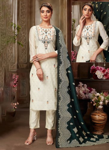 Off White Silk Embroidered Pant Style Suit
