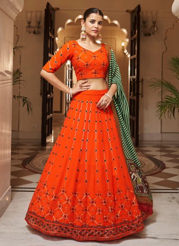 Orange A Line Lehenga Choli in Georgette with Embroidered