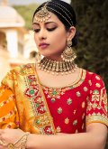 Orange and Pink Silk Embroidered A Line Lehenga Choli for Bridal - 1