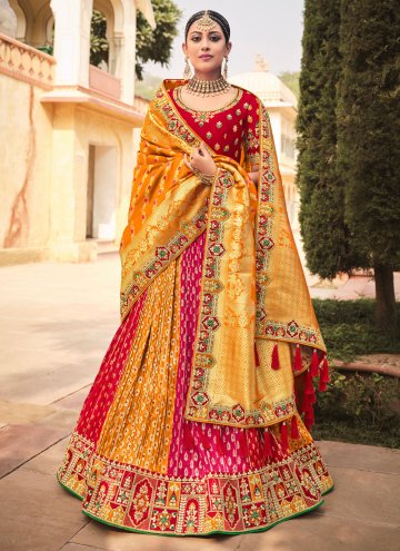 Orange and Pink Silk Embroidered A Line Lehenga Ch