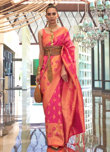 Orange and Rani Trendy Saree in Handloom Silk with Woven