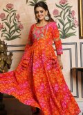 Orange and Red color Cotton  Gown with Embroidered - 2