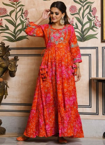 Orange and Red color Cotton  Gown with Embroidered