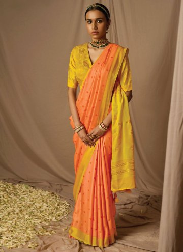 Orange and Yellow Designer Saree in Brasso with Woven