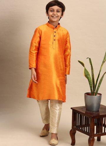 Orange Art Dupion Silk Embroidered Kurta Pyjama for Engagement