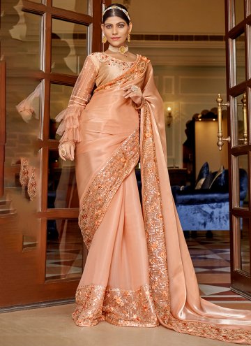 Orange Chiffon Embroidered Classic Designer Saree for Engagement
