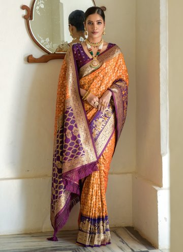 Orange color Banarasi Designer Saree with Woven