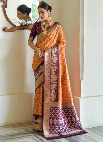 Orange color Banarasi Designer Saree with Woven