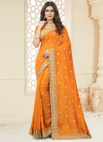 Orange color Border Vichitra Silk Contemporary Saree