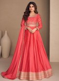 Orange color Chinon Floor Length Gown with Embroidered - 3