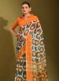 Orange color Digital Print Linen Contemporary Saree - 1