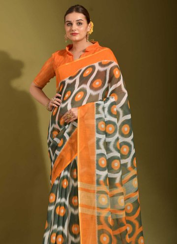 Orange color Digital Print Linen Contemporary Saree
