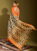 Orange color Digital Print Linen Contemporary Saree - 3