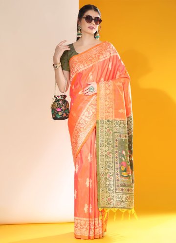 Orange color Handloom Silk Contemporary Saree with